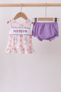 Purple rose bow smocked ruffle bloomer set