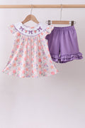 Purple rose bow smocked ruffle shorts set