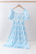 Blue rose print women dress