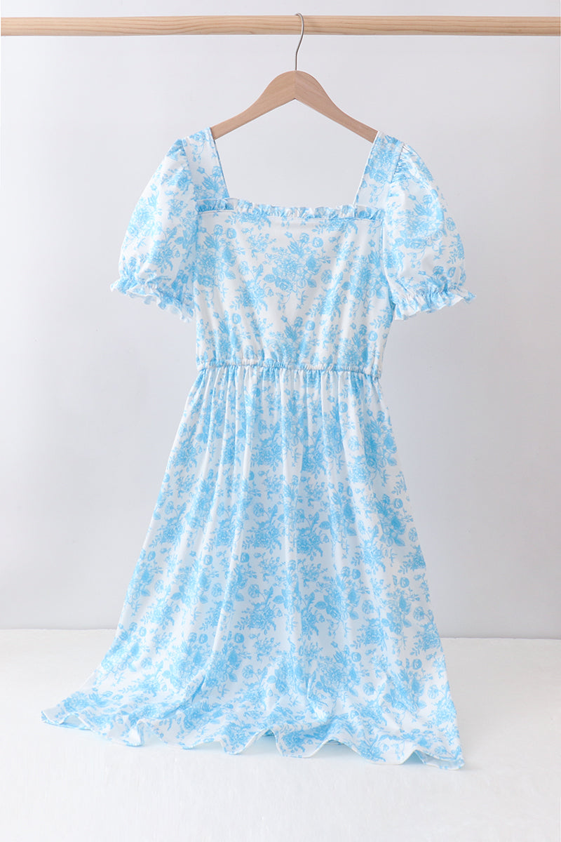Blue rose print women dress