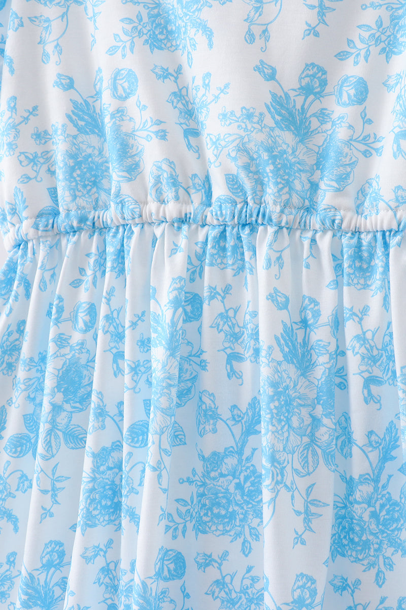 Blue rose print women dress
