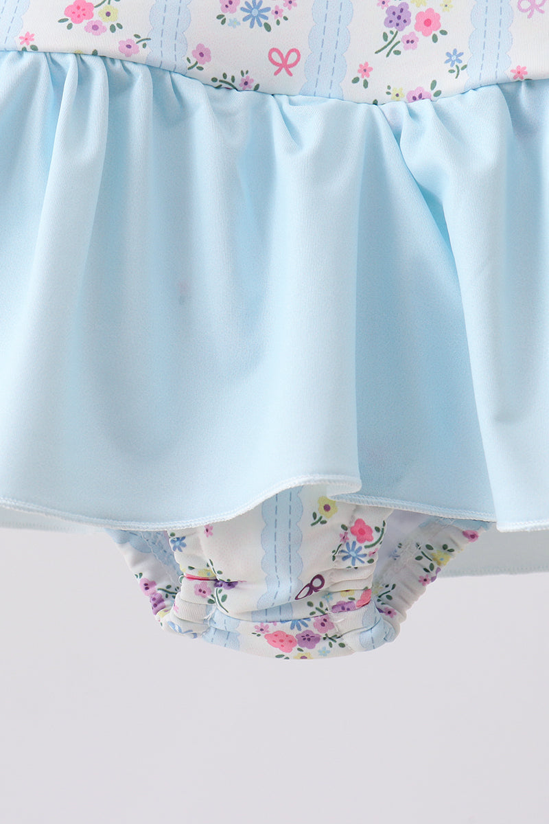 Blue floral ruffle one-piece swimsuit
