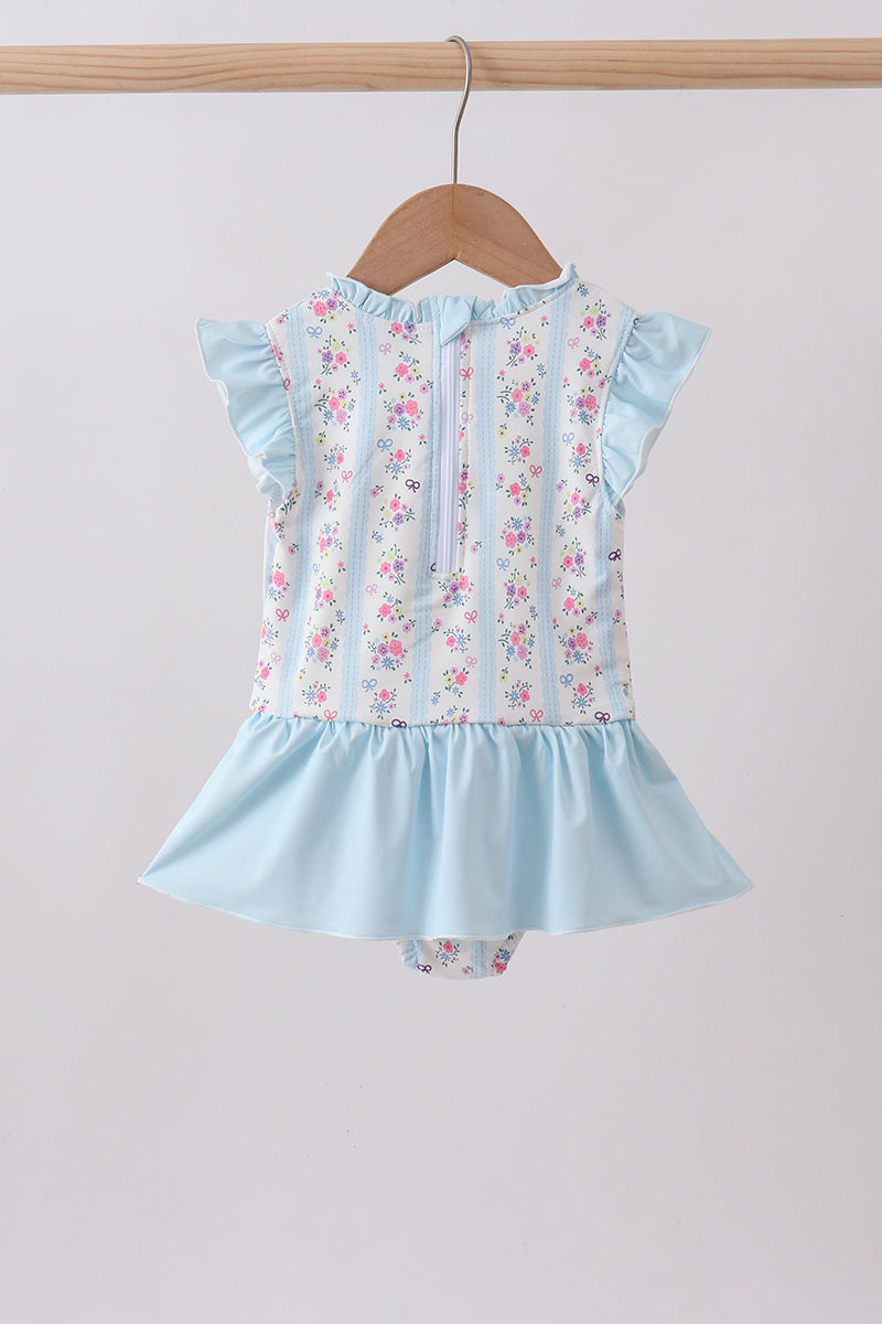 Blue floral ruffle one-piece swimsuit