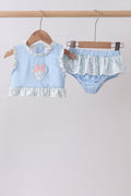 Blue character applique ruffle 2pc swimsuit