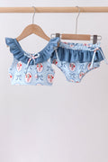 Blue strawberry bow ruffle 2pc swimsuit