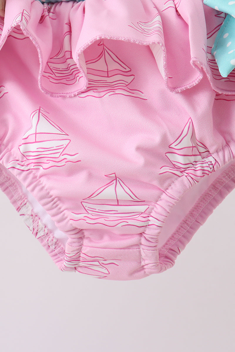 Pink sailboat print ruffle 2pc swimsuit