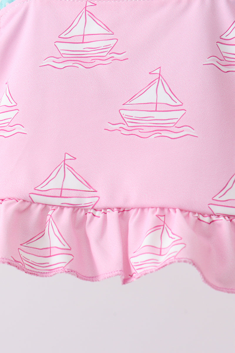 Pink sailboat print ruffle 2pc swimsuit