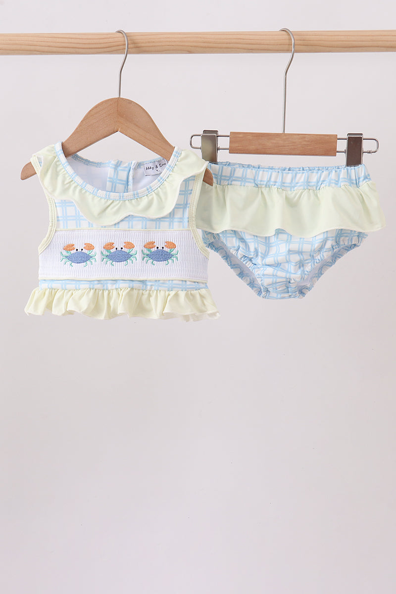 Yellow crab smocked ruffle 2pc swimsuit