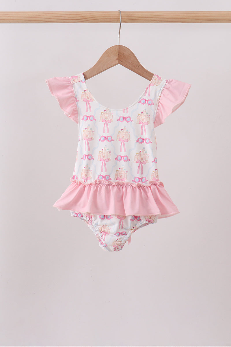 Pink bow castle ruffle one-piece swimsuit