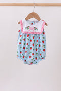 Blue Strawberry Embroidered Ruffle Bow Bubble