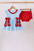 Blue Apple Appliqué Gingham Bloomer Set