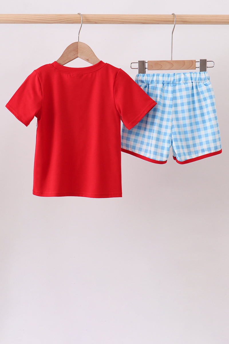 Blue Apple Appliqué Gingham Shorts Set