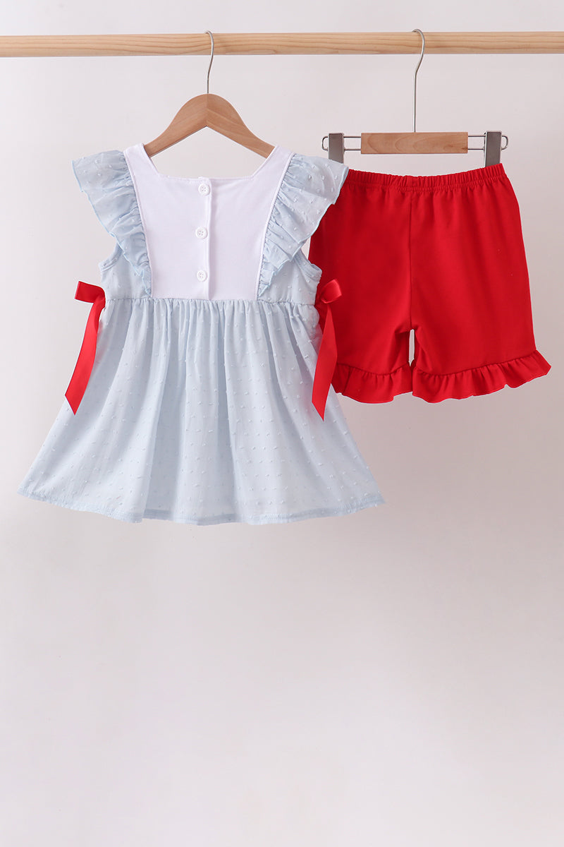 Blue Embroidered Swiss Dot Ruffle Set