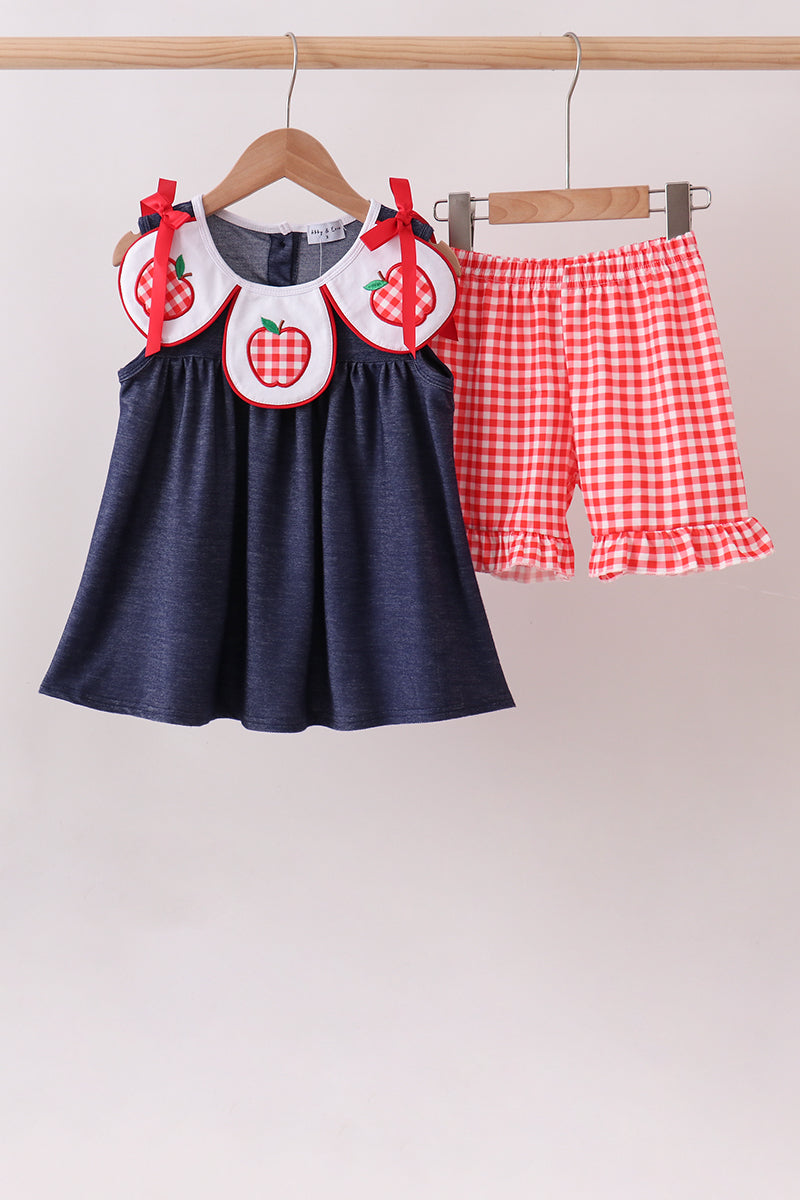 Navy Apple Applique Denim Ruffle Set