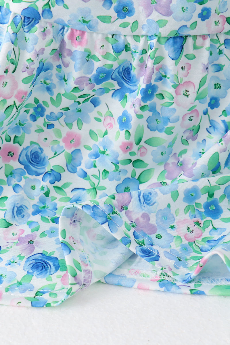 Blue Floral Tiered Women Dress
