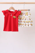 Red Bus Embroidered Skorts Set