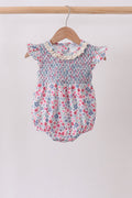 Blue Floral Smocked Ruffle Bubble
