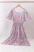 Blue Floral Print Mom Dress
