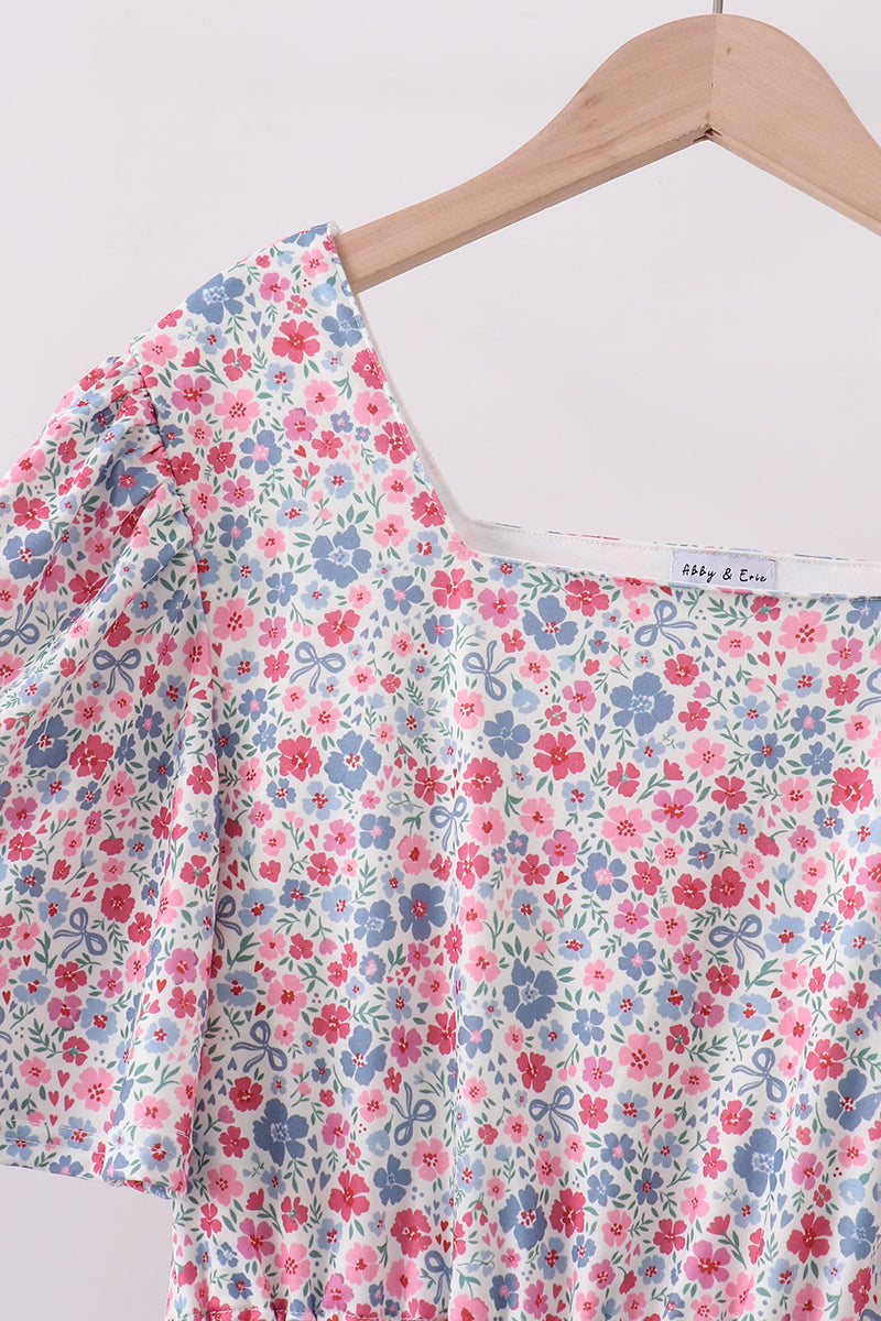 Blue Floral Print Mom Dress