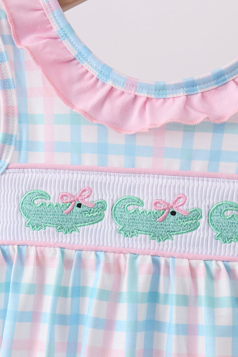 Pink Crocodile Smocked Gingham Bubble