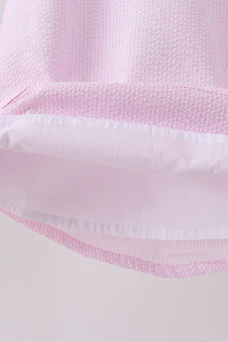 Pink stripe watermelon embroidery seersucker dress