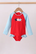 Red star embroidery ruffle rashguard