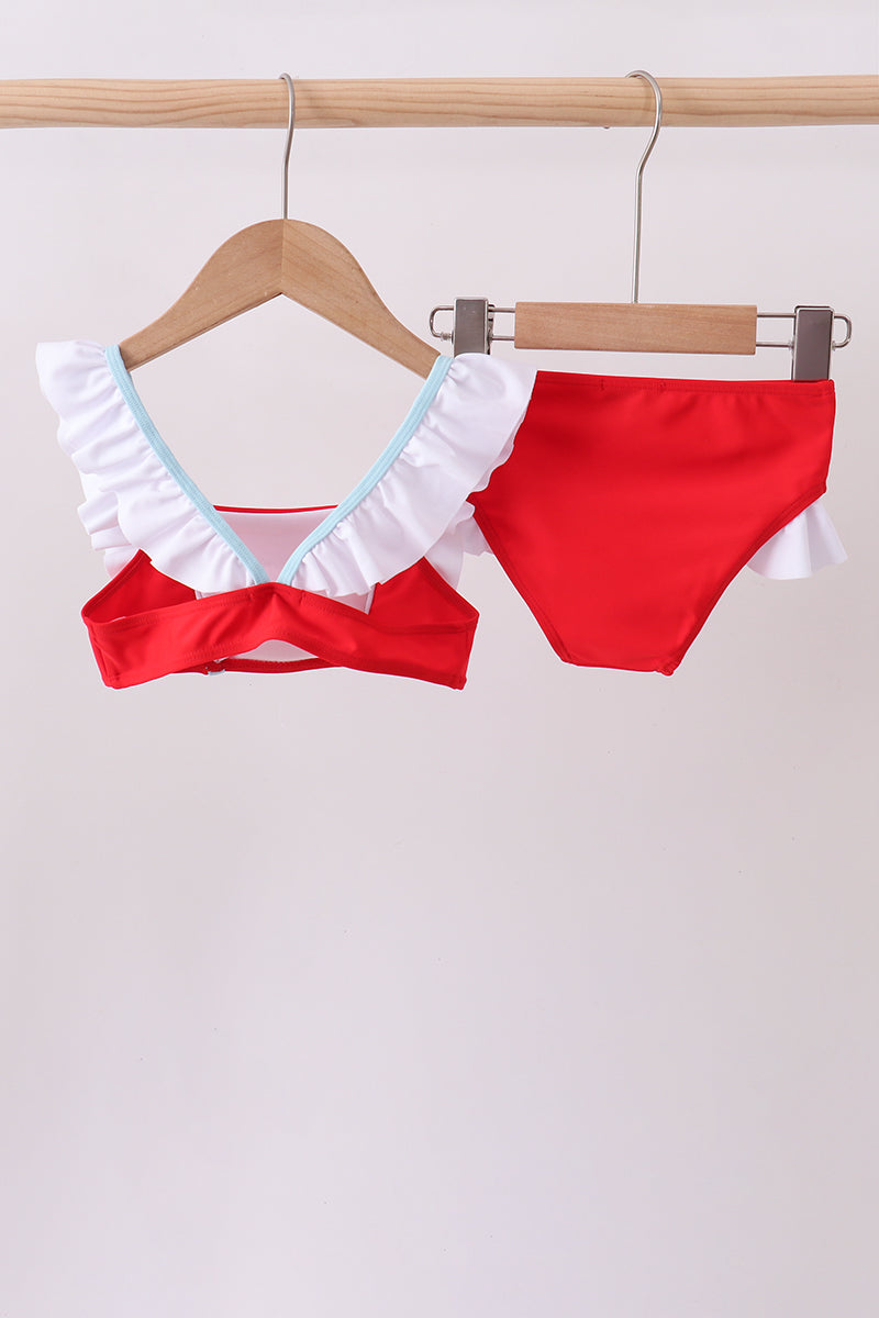 Red star embroidery ruffle 2pc swimsuit