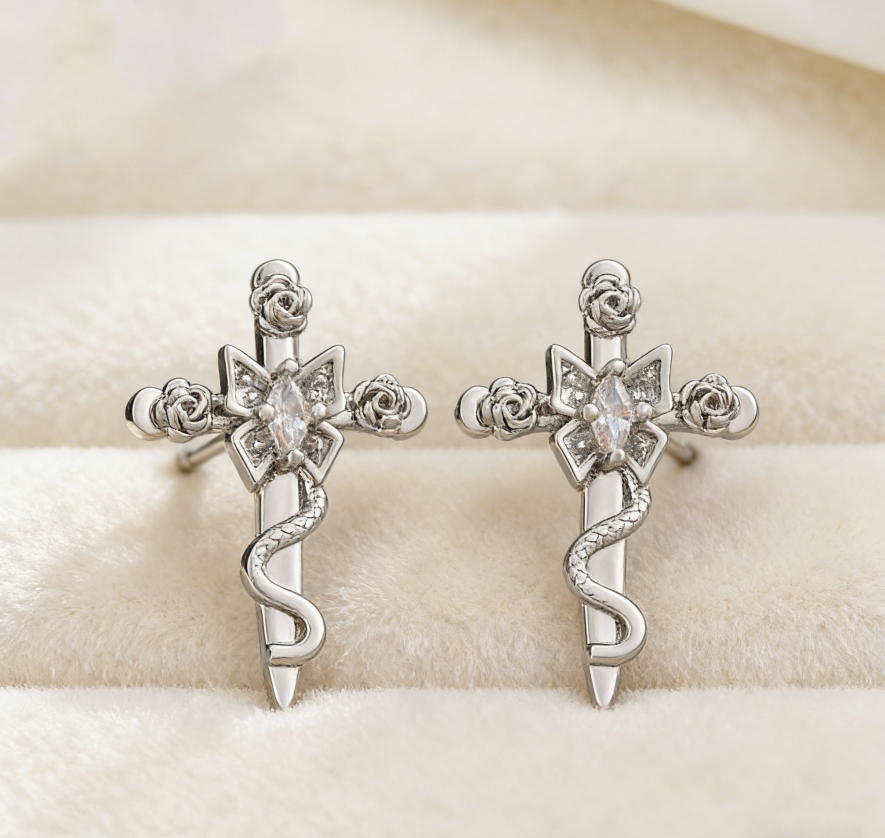 Light Luxury Copper Zircon Cross Earrings