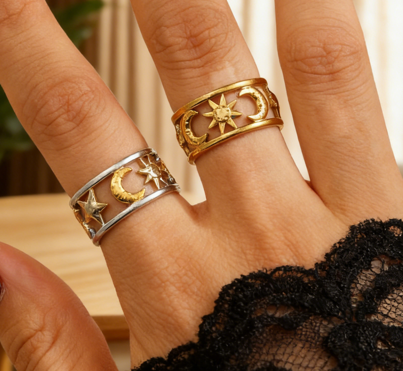 Classic 18K Gold Stainless Steel Star & Moon Ring