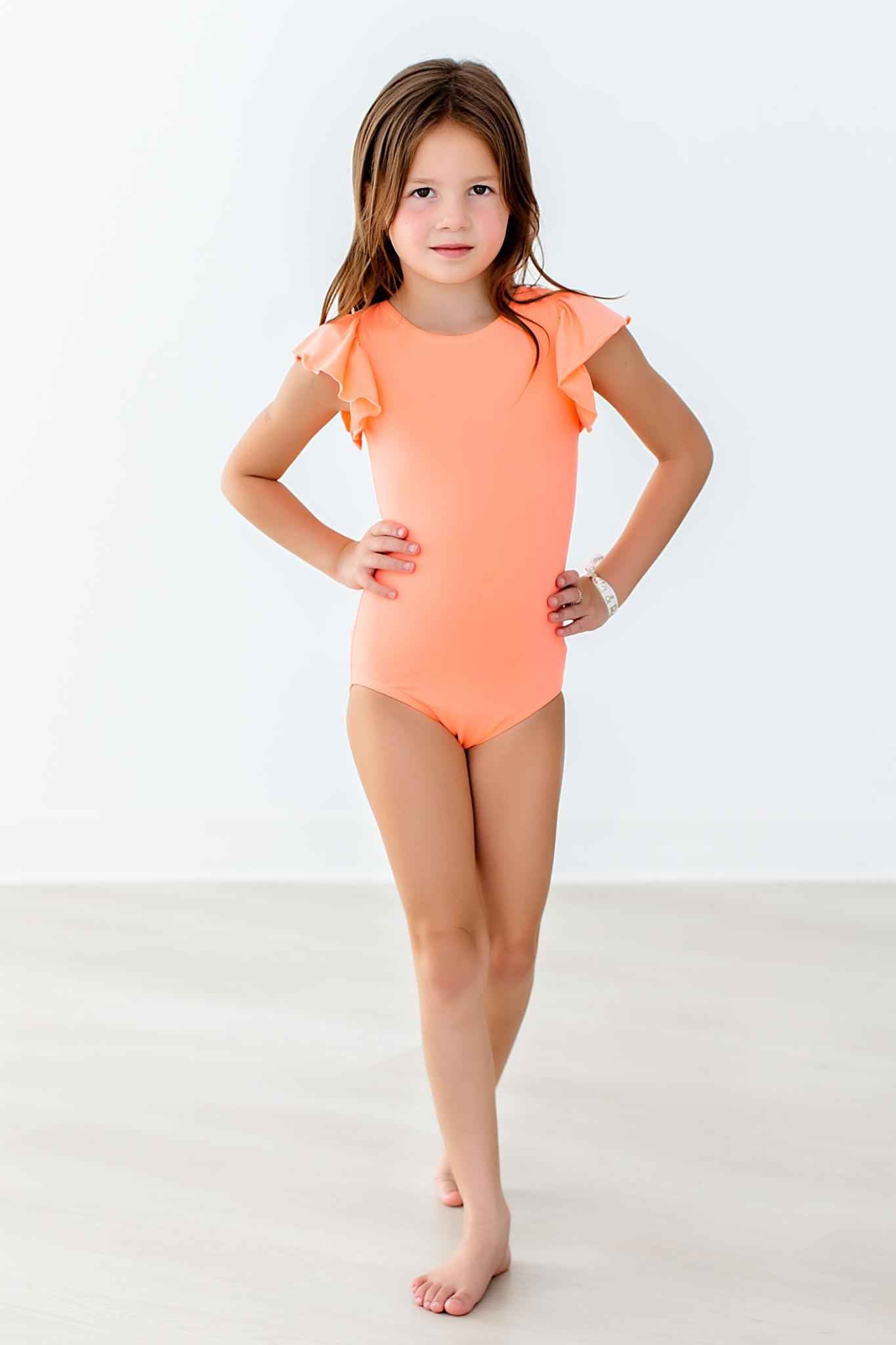 Neon Coral S/S Flutter Sleeve Leotard