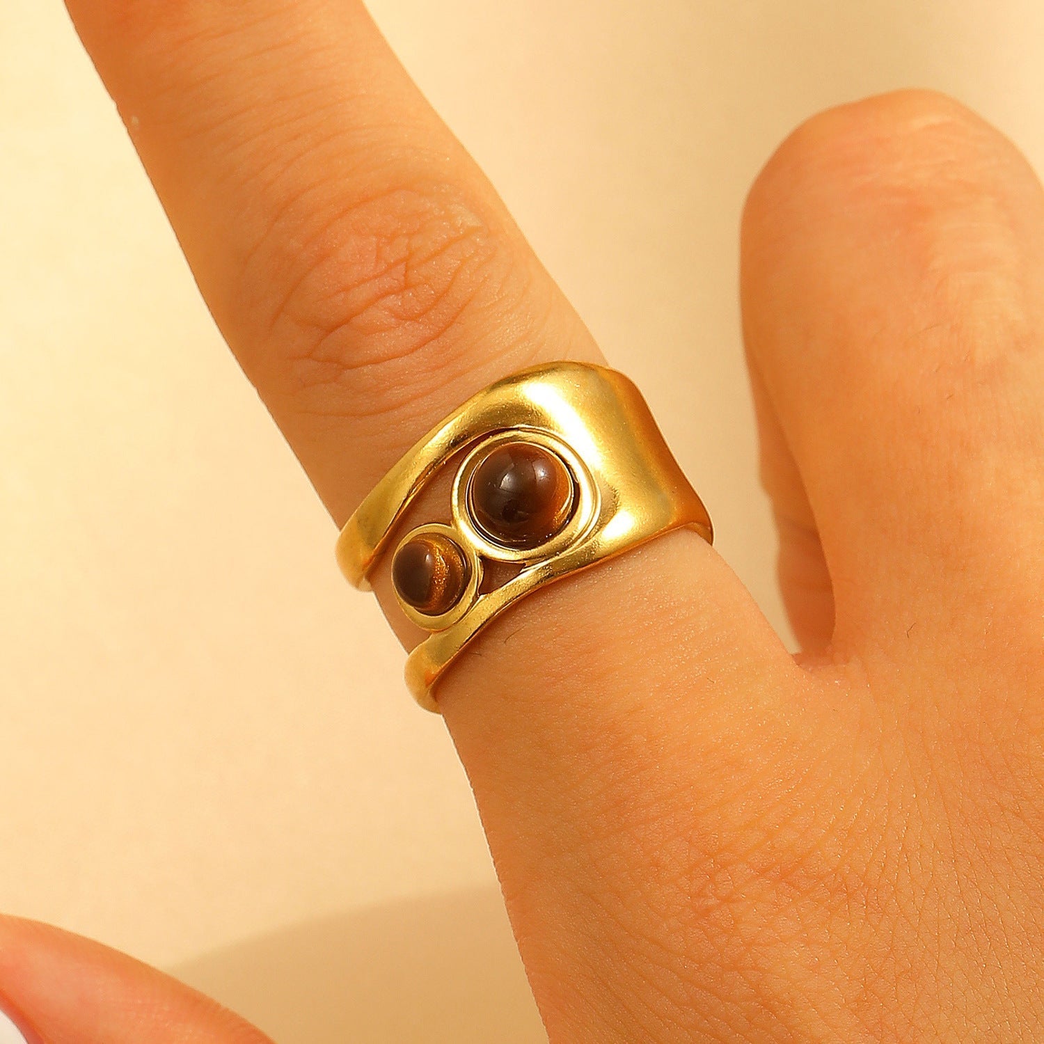 Stainless Steel Openwork Pearl & Tiger Eye Ring