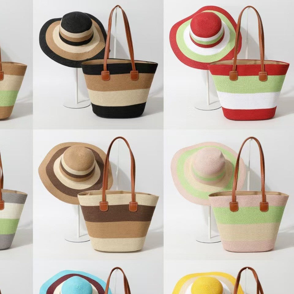 Striped Woven Straw Bag – Summer Large Handheld Tote, Shoulder Commuter Purse
