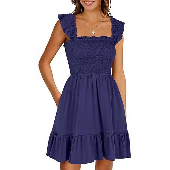 Women's sleeveless square neck pleated backless short dress women's