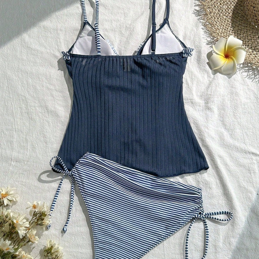 Tankini Swimwear for Women with Ruffled Two Tone Shoulder Straps and Tie Closure Bathing Suit