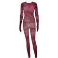 Sexy perspective summer perspective onesie fashion seamless striped jacquard one-piece long-sleeved one-piece trousers