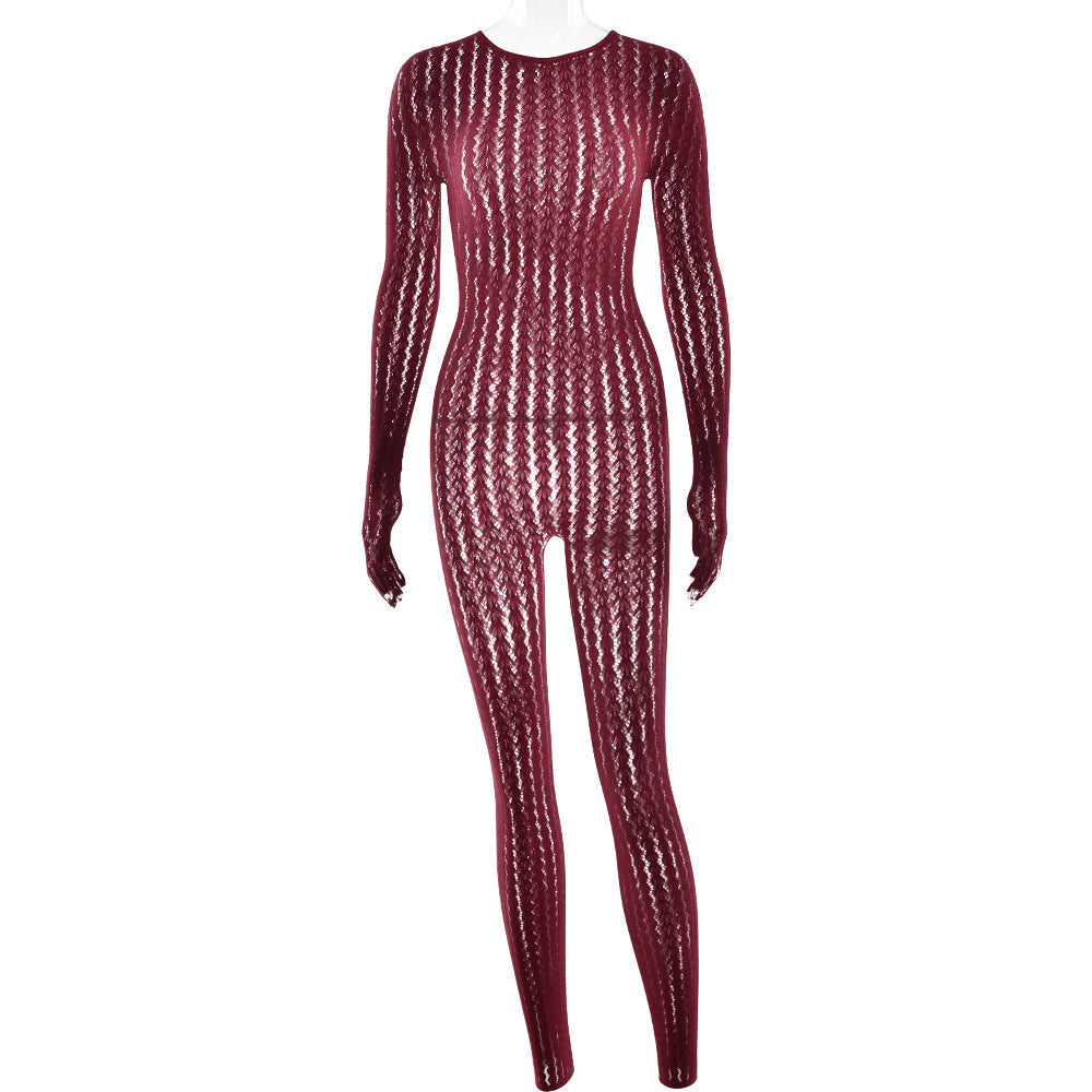 Sexy perspective summer perspective onesie fashion seamless striped jacquard one-piece long-sleeved one-piece trousers