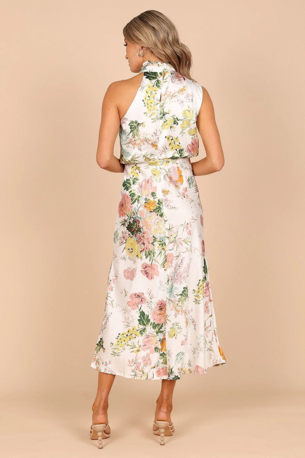 Women's Summer Sundress - Sexy Halter Sleeveless Satin Dress with Elastic Waist & Ruffle Trim
