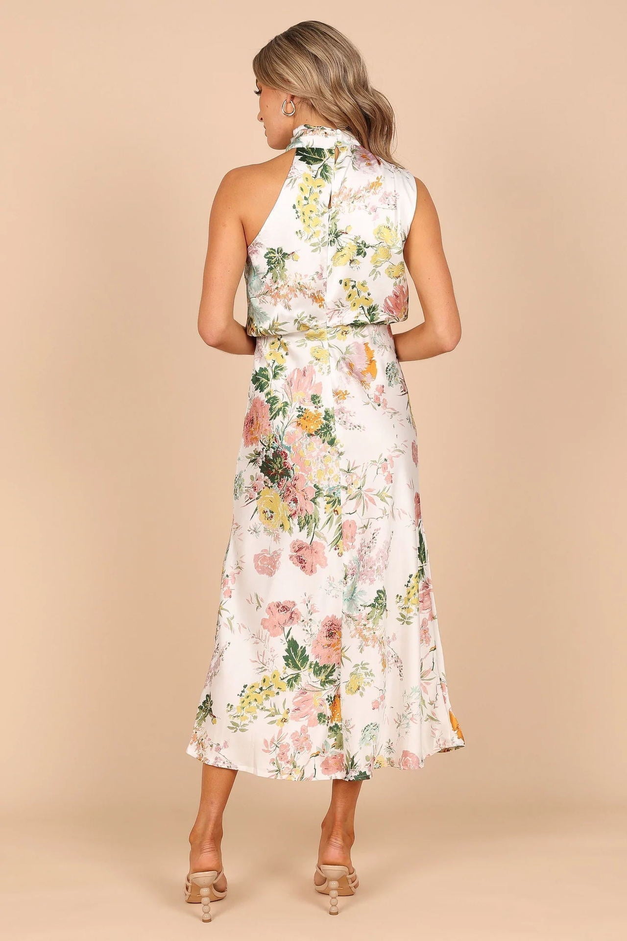 Women's Summer Sundress - Sexy Halter Sleeveless Satin Dress with Elastic Waist & Ruffle Trim