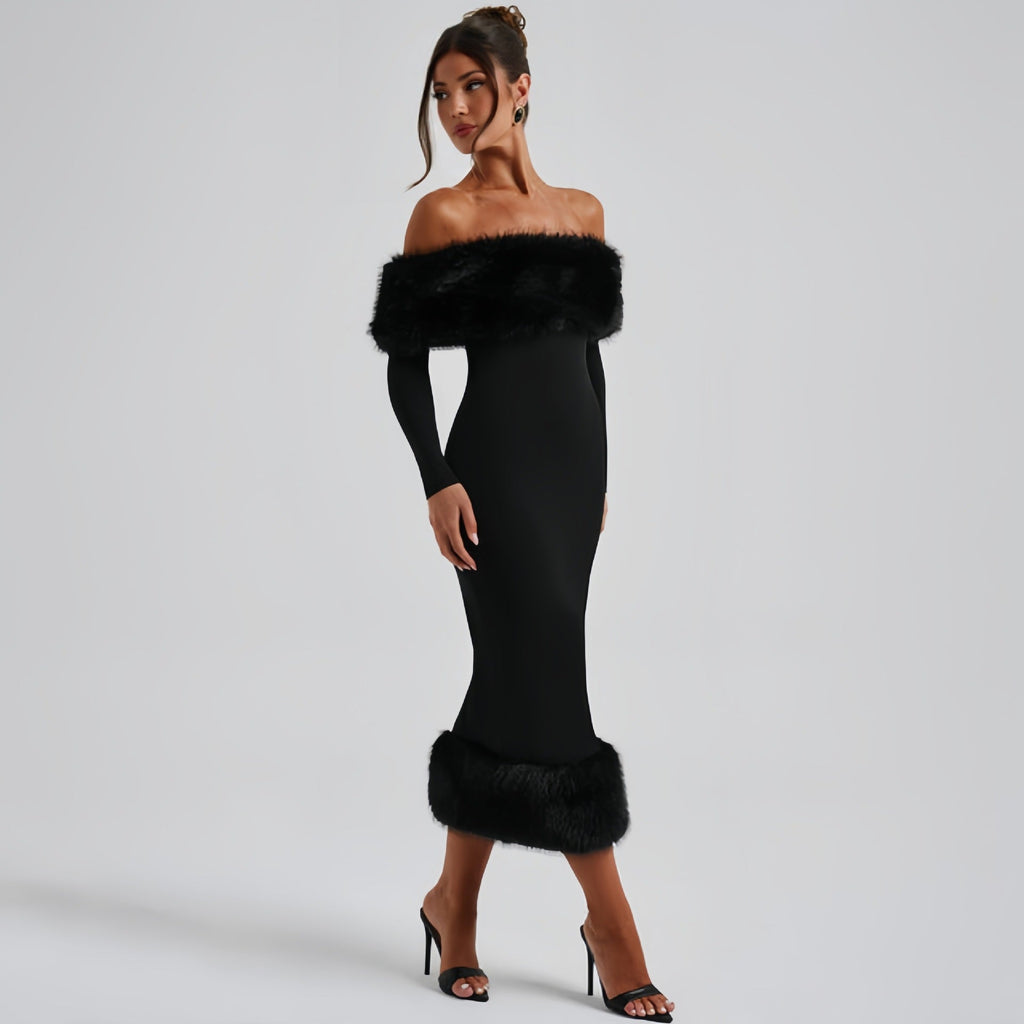 women's clothing autumn and winter fashion fur collar one-word collar long-sleeved temperament slim evening dress