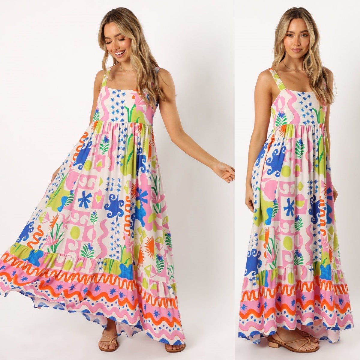 Printed shrinkage pleated splicing long suspender dress positioning flower pendulum skirt