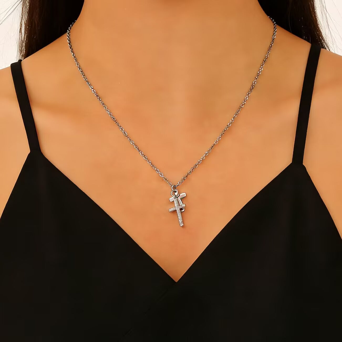 Double Cross Necklace Women Luxury Zircon Cross Pendant Clavicle Chain Daily Office Jewelry