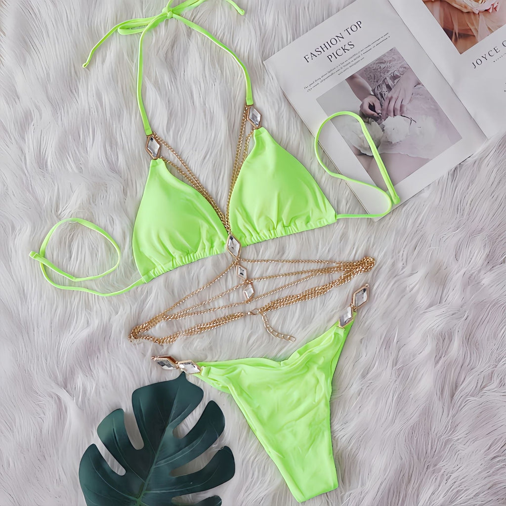 Sexy bikini crystal diamond body chain decorative swimsuit straps split beach swimsuit