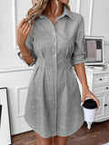 Spring and Autumn Striped Casual Temperament Elegant Lapel Waist Long Sleeve Blouse Skirt
