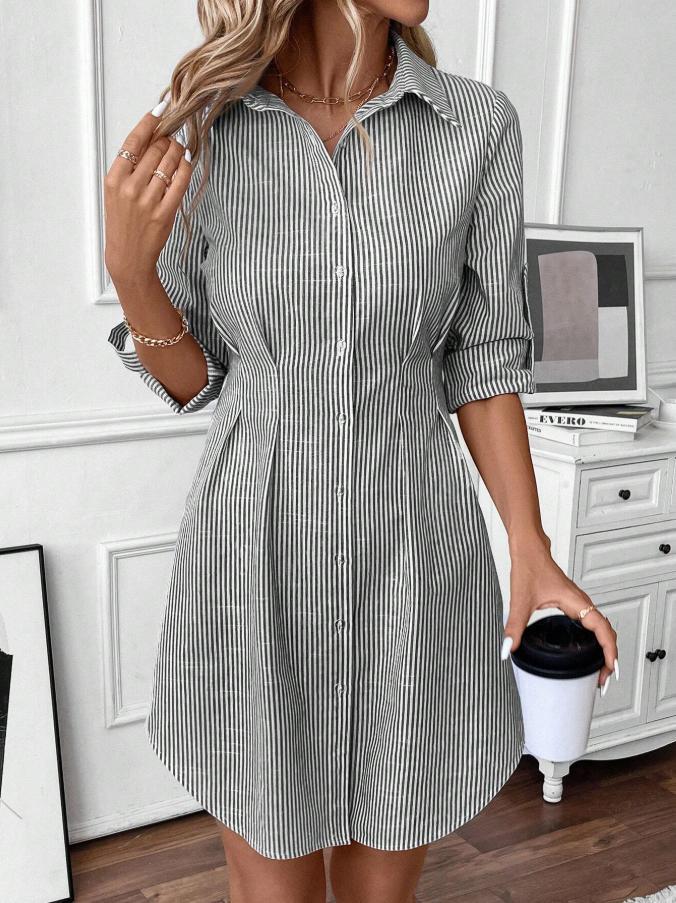 Spring and Autumn Striped Casual Temperament Elegant Lapel Waist Long Sleeve Blouse Skirt