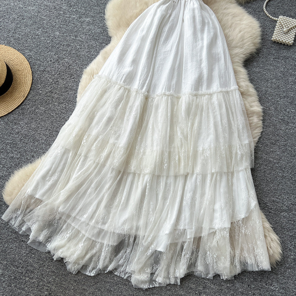 White Lace Halter Beach Dress – Spring-Summer Open-Back Tiered Cake Maxi, Vacation Bridal Sundress