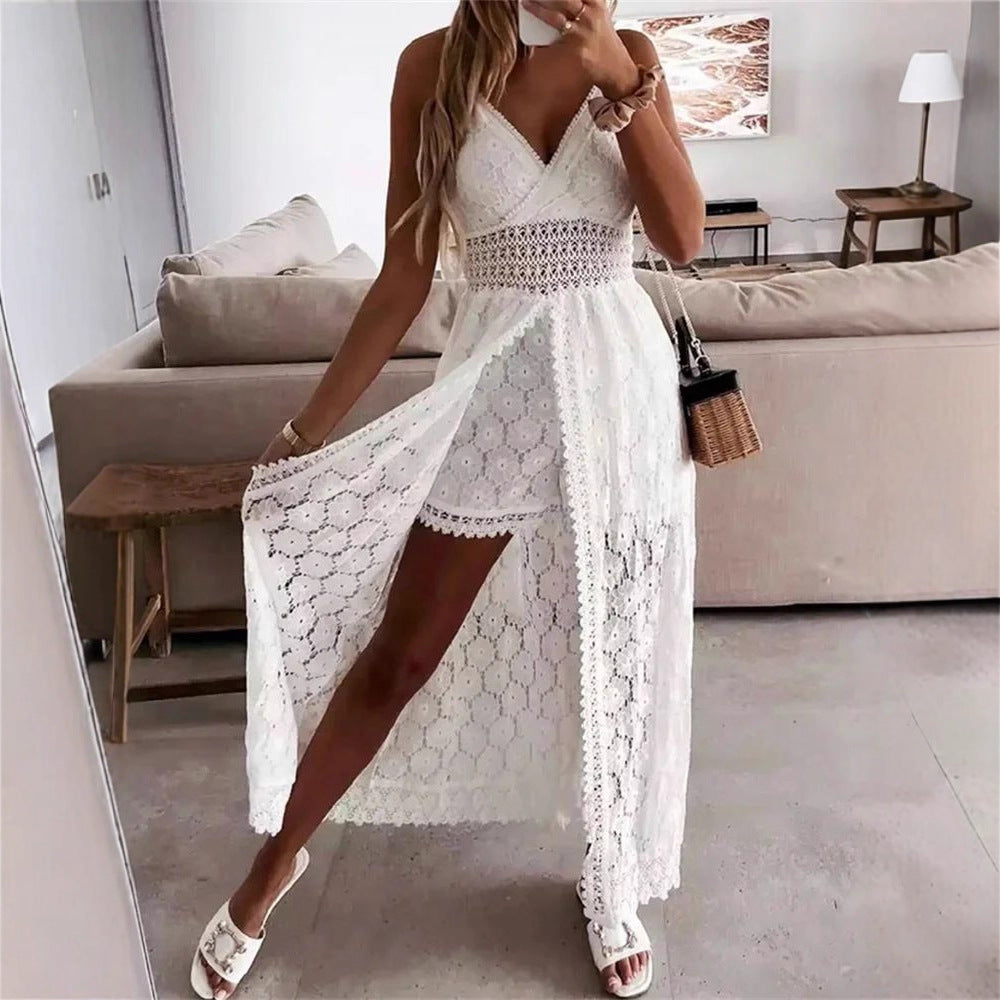 Women's Floral V-Neck Lace Dress - Sleeveless Spaghetti Strap Boho Beach Vacation Dress with Side Split