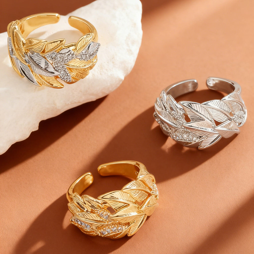 Luxury Leaf Texture Copper Inlaid Zircon Ring Gold Two-Tone Open Ring