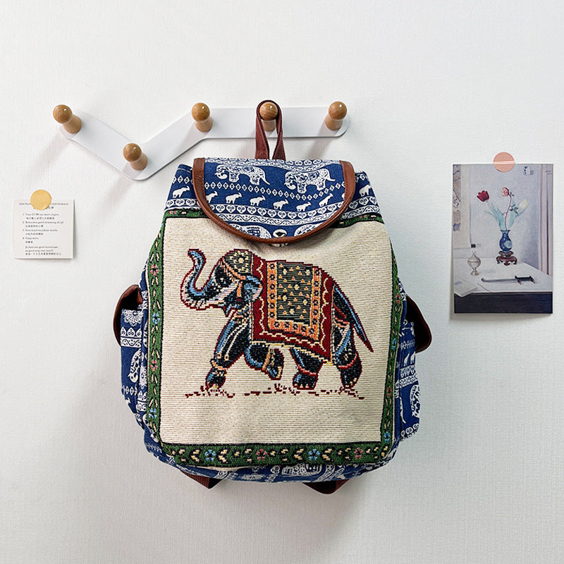 Retro Ethnic Drawstring Backpack – Elephant Embroidery Flap Closure, Bohemian Travel Daypack