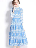Vintage Blue Willow Print Mandarin Collar Dress - Lantern Sleeve Court Tie-Waist Flared Maxi Gown