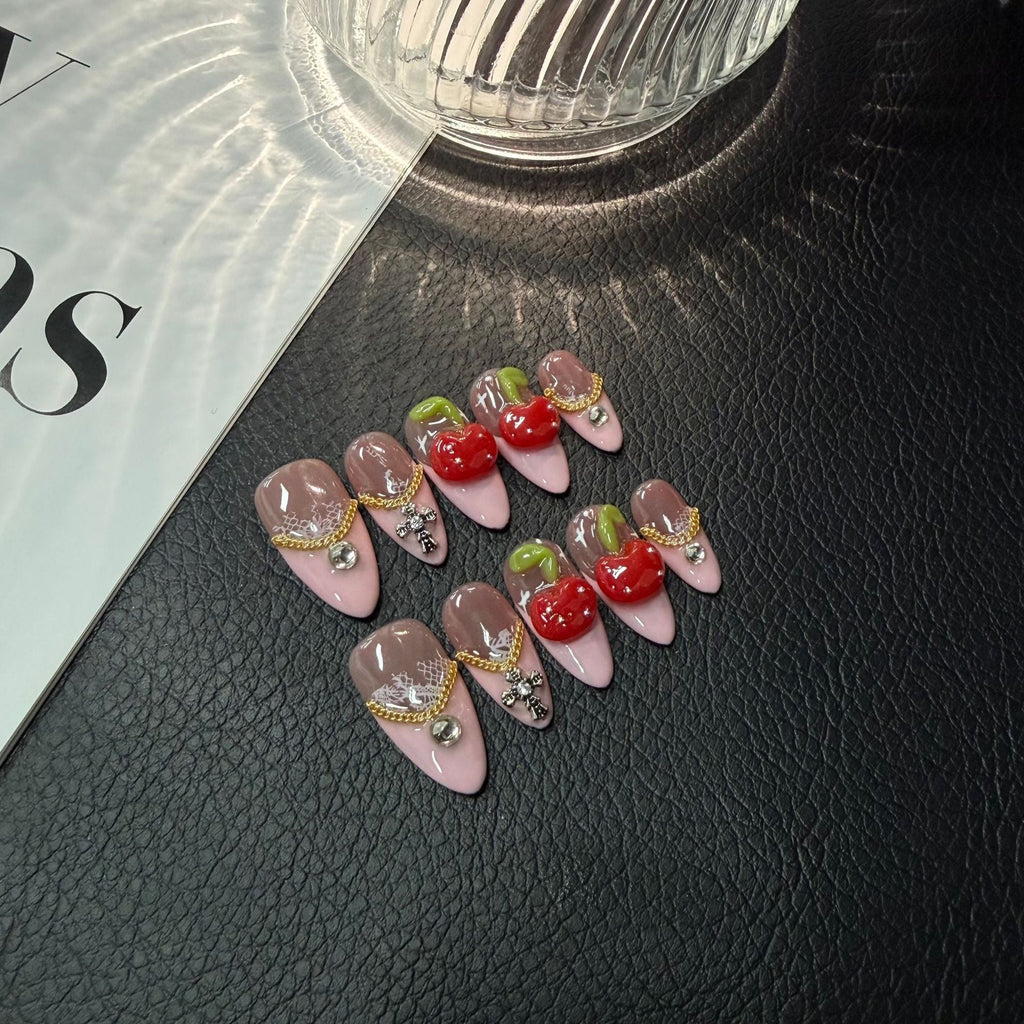 Handmade Press on Nails Pink Stereo Cherry Rhinestone Almond Repeatable